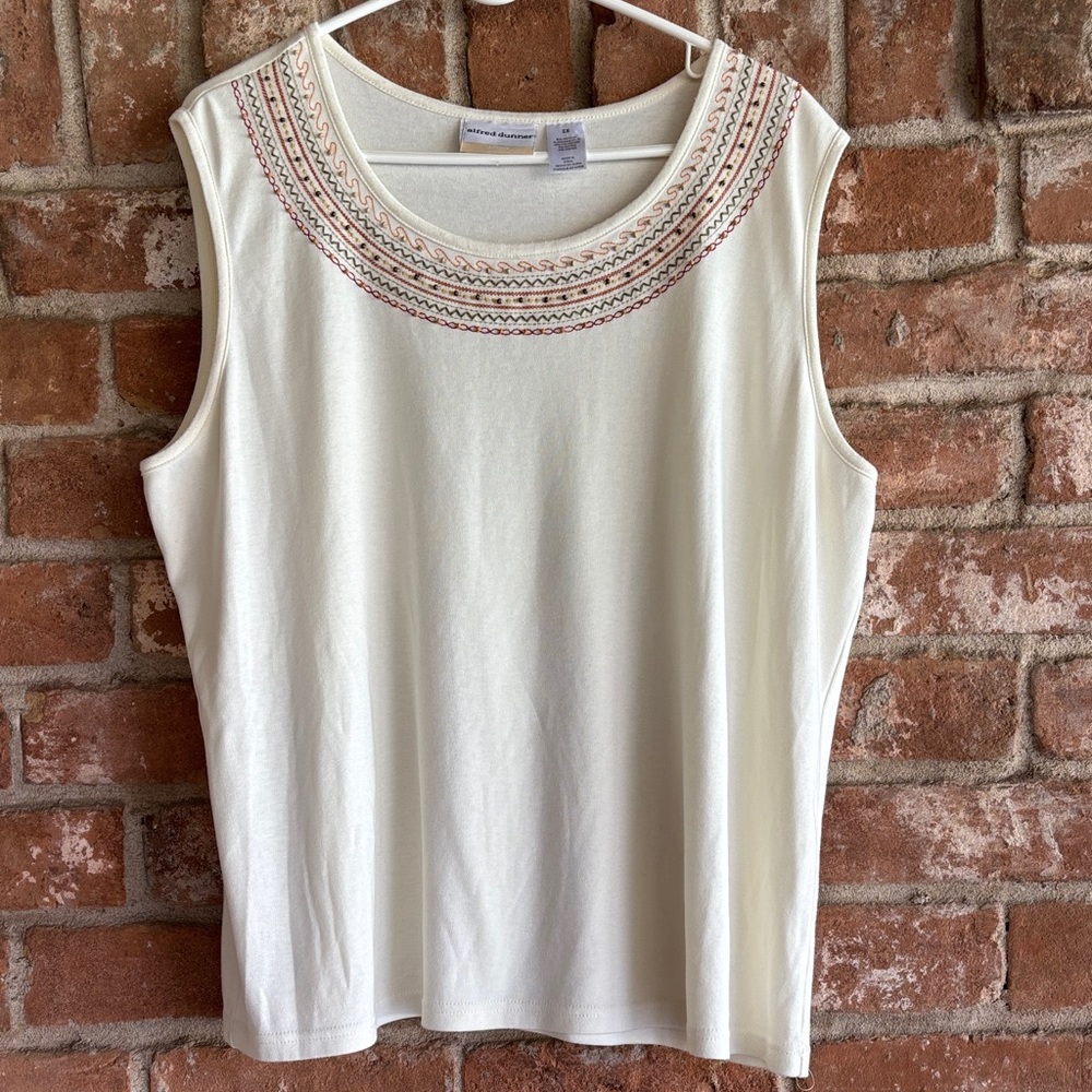 Alfred Dunner Cream Sleeveless Tank with Embroidered Neckline